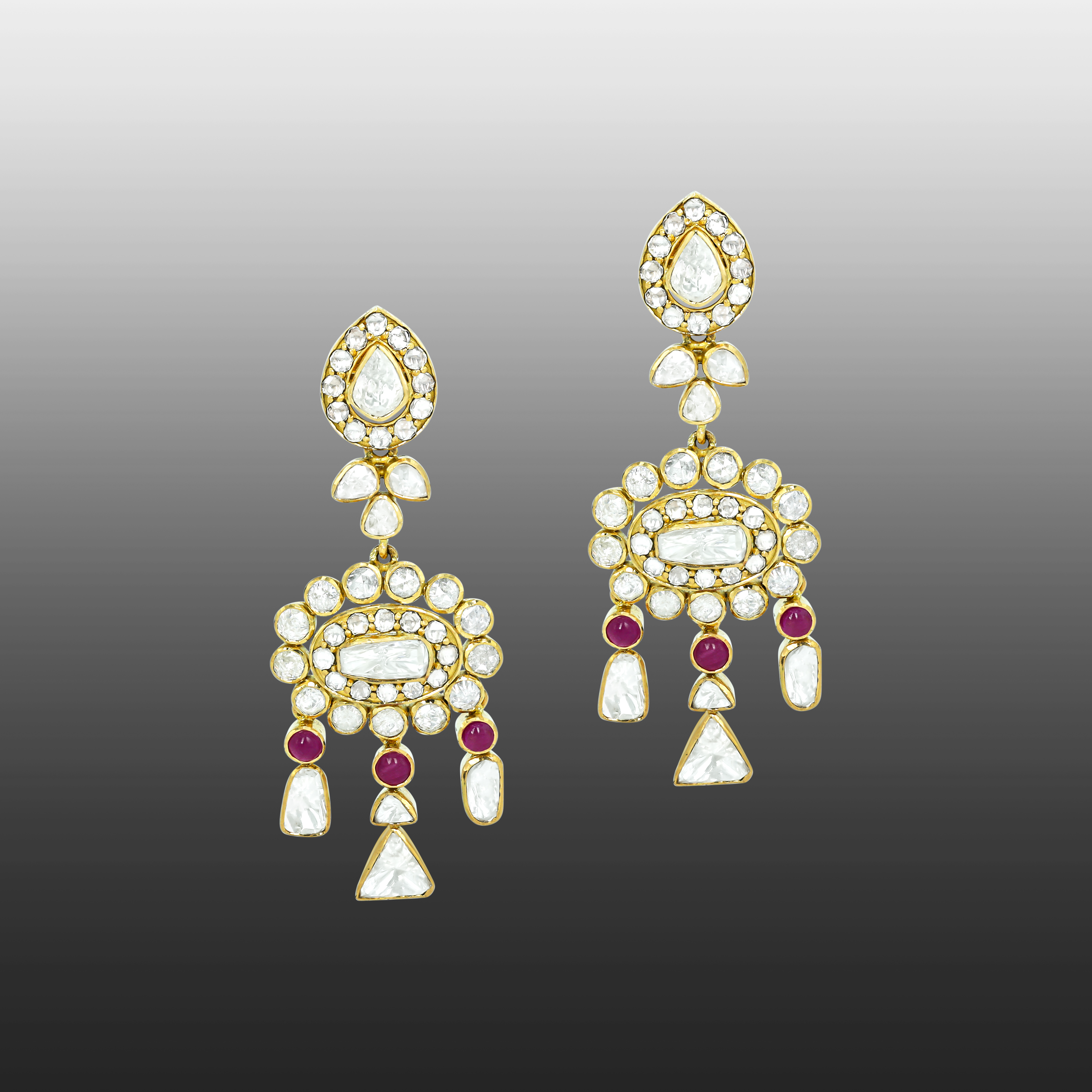 Polki Earrings with Ruby Accents and Dangling Drops